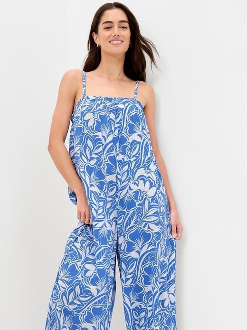 Old Navy Blue Floral Wide-Leg Jumpsuit - Sleeveless Spaghetti Strap